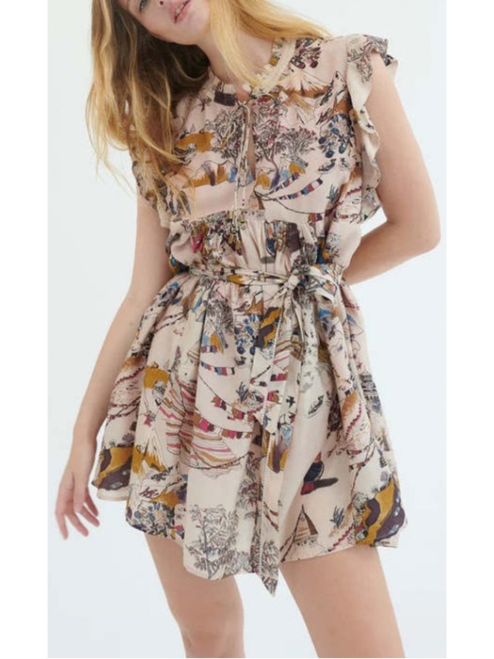 Chufy Addi Mini Dress - Soma Beige - Floral Scenic Tie-Waist Size Medium NEW